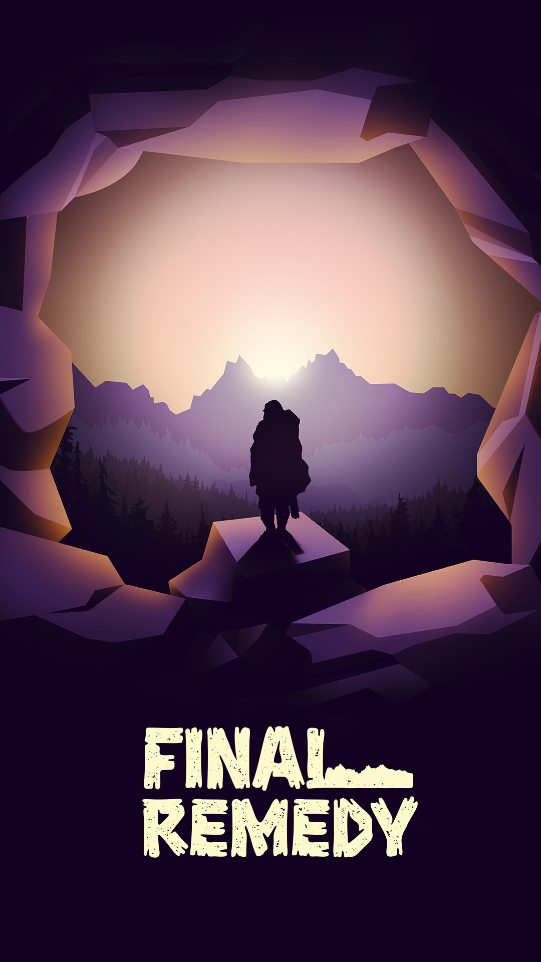 Final Remedy key art - a figure at a cave mouth above the valley