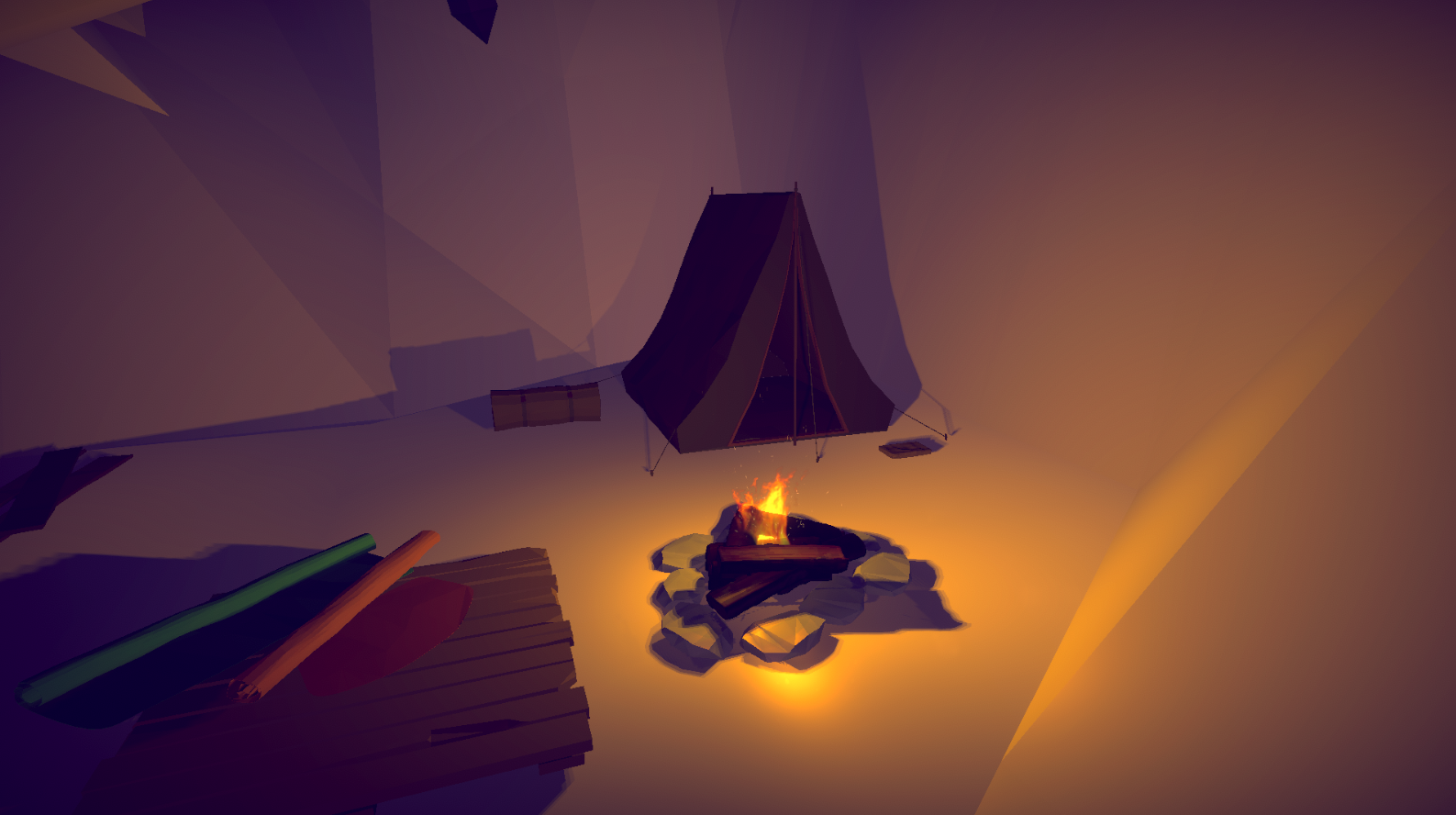A campfire in the snowy valley
